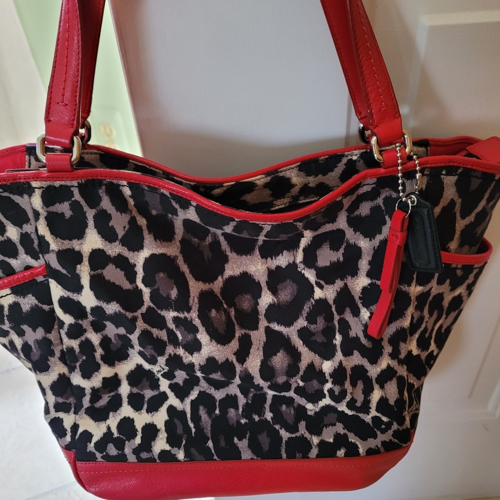 Coach Vintage Leopard Print Fabric with Red Geuine Leather. No E1320-F25178